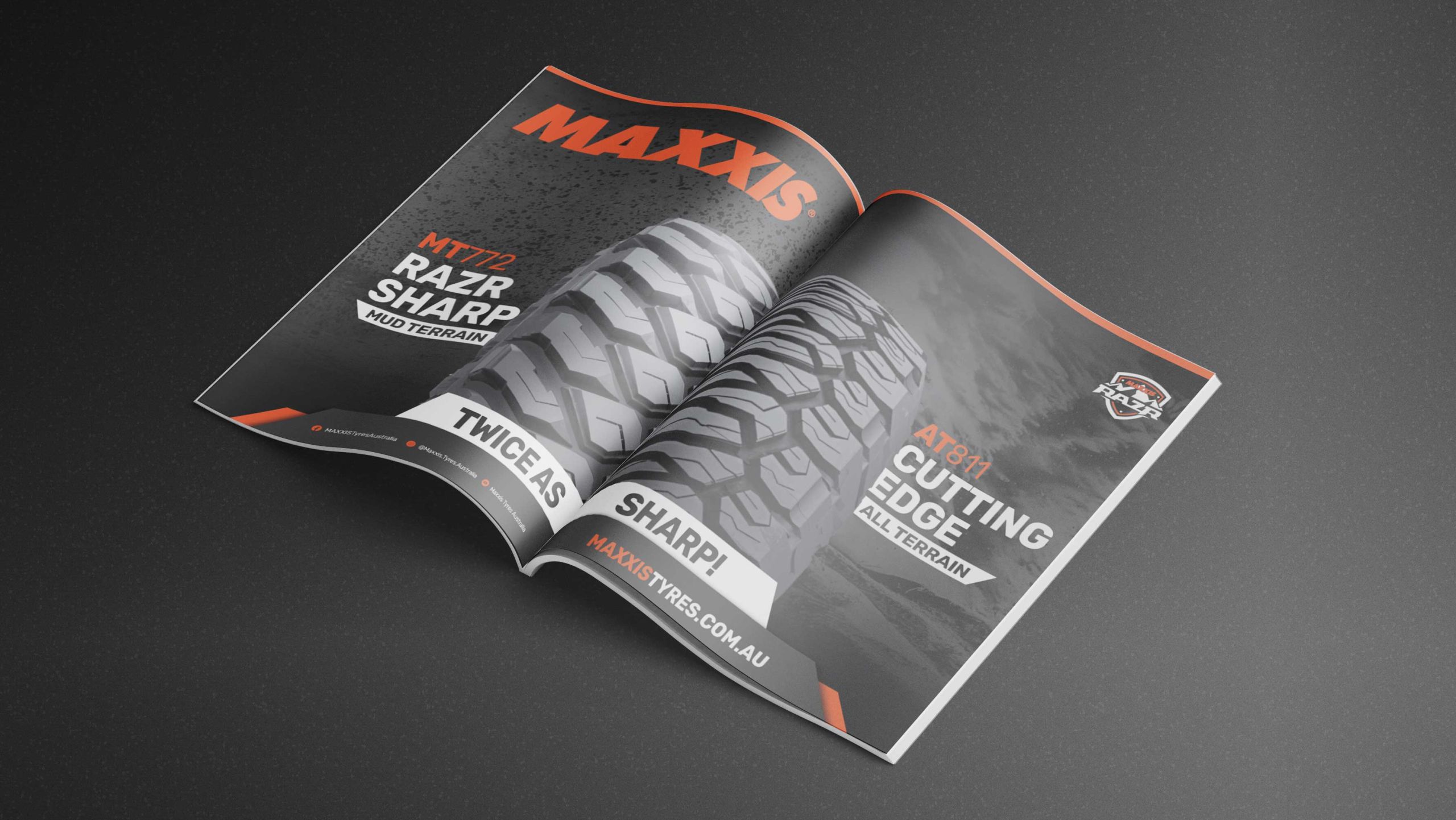 Open brochure showcasing Maxxis tyre tread patterns and branding.